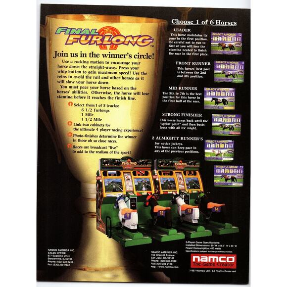 1997 Final Furlong Arcade Game Promo Flyer by Namco Horse Racing - Picture 2 of 2